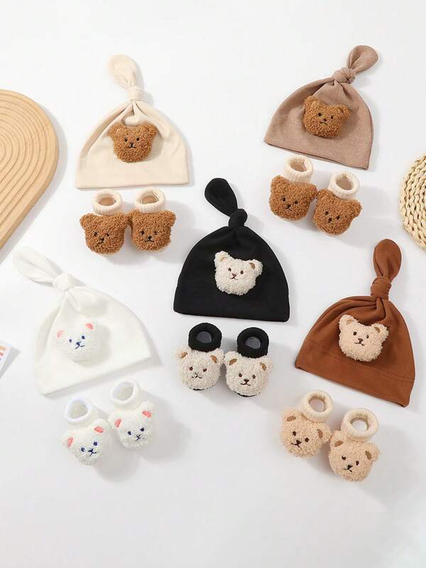 Conjunto de 2 peças, chapéu de urso fofo e meias para bebê no outono/inverno, conjunto de roupa quente para bebês e crianças pequenas, adequado para uso diário casual e proteção contra o frio ao ar livre