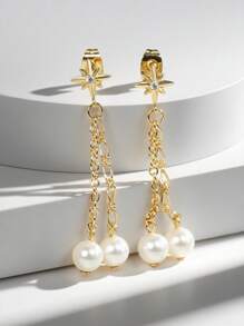 Charm-In 1 Pair Elegant 18K Gold Plated Brass Earrings With Zirconia And Faux Pearl, Gift For Friends, Family, Holidays - Earring - View 1