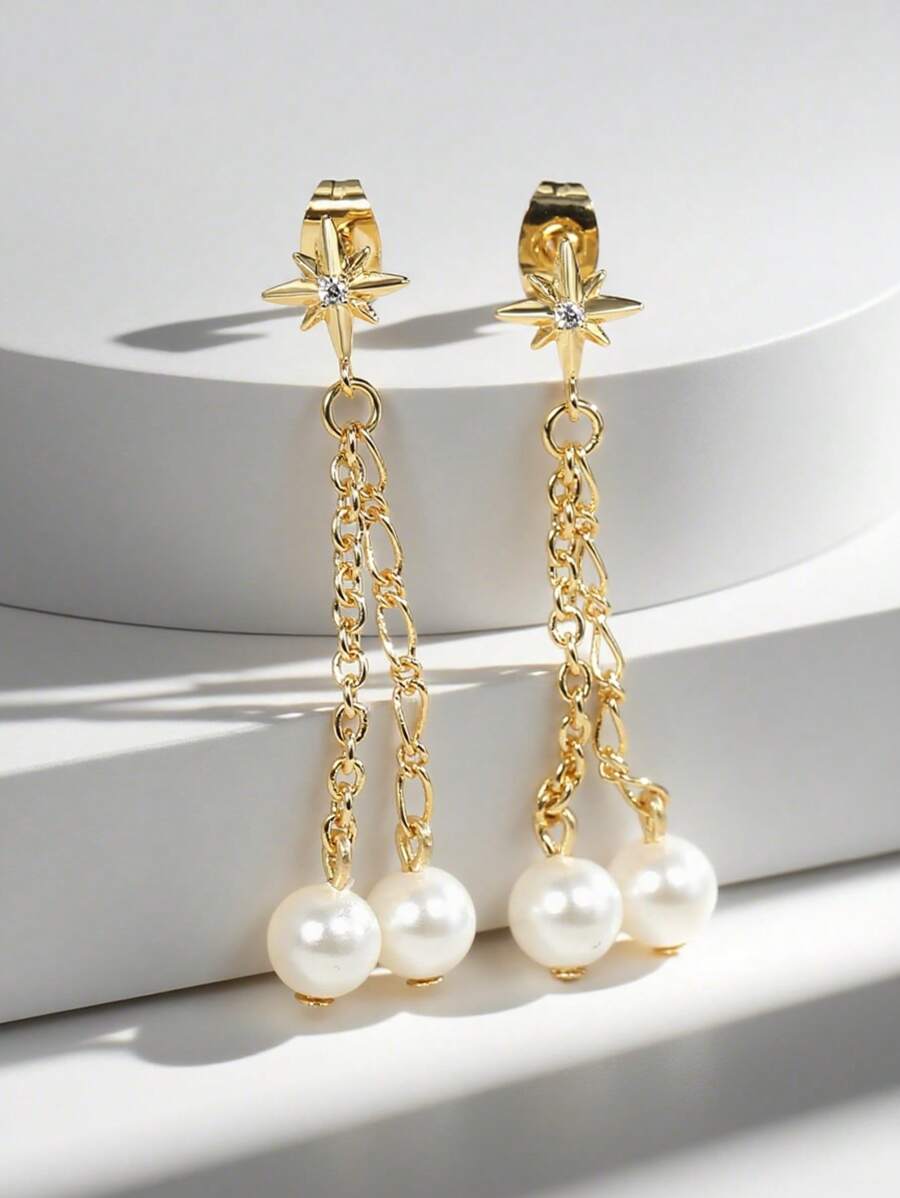 Charm-In 1 Pair Elegant 18K Gold Plated Brass Earrings With Zirconia And Faux Pearl, Gift For Friends, Family, Holidays - Earring - View 1