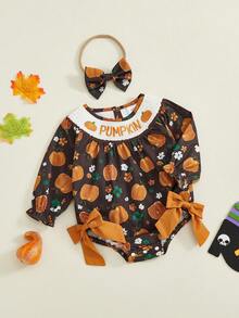 Newborn Girl Outfit, Long Sleeve Crew Neck Pumpkin Flowers Print Romper With Hairband Halloween Clothes - Black - View 4