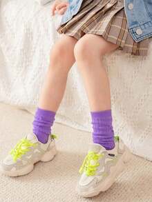 1 Pair Children's Colorful Mid-Calf Socks, Solid Color Vertical Striped Girls' Knee-High Socks, Fashion Versatile Candy Color Crew Socks, Suitable For 3-8 Years Old Boys And Girls - Multicolor - View 17