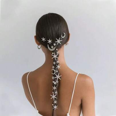 1 Set Fashionable Alloy One-Piece Hair Clips With Rhinestone Star & Moon Design, Hair Accessories For Holiday Party Layered Hairstyle