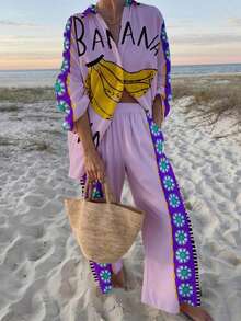 Womens Holiday Style Set Set 2 Piece Print PJs Soft Loungewear Button Down Sleepwear With Elastic Waist Long Pants - 紫色 - 查看 2