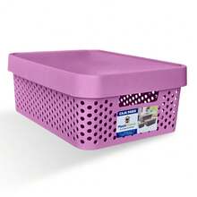 Kit 2 cajas organizadoras tapa plástico modernas 11L almacenamiento orden closet ropa accesorios hogar apilable resistente diseño contemporáneo fácil transportar - Lila Púrpura - Ver 3