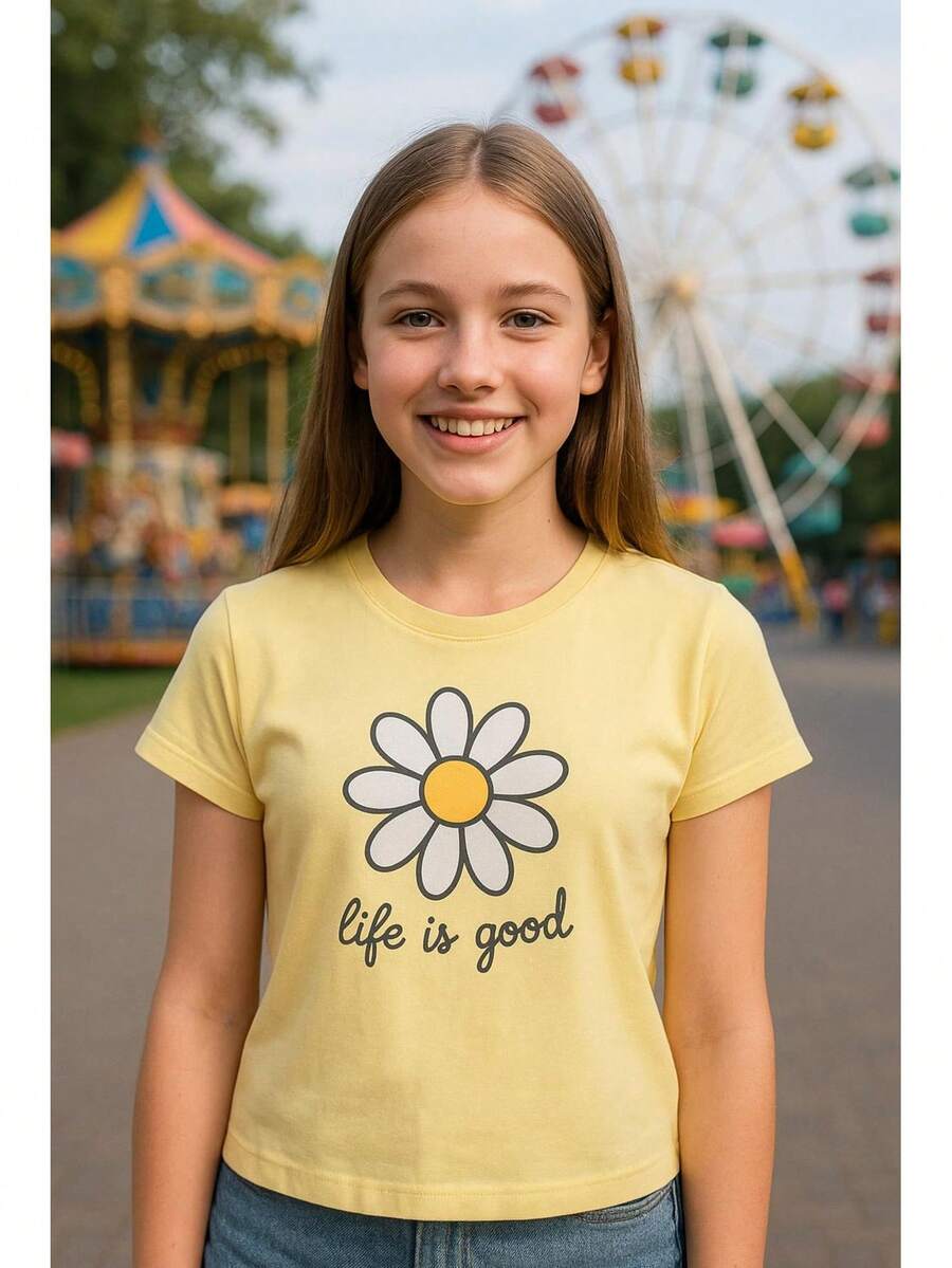 Playera Juvenil de Manga Corta en Tejido de Punto Estampada con Flor - Amarillo - Ver 1