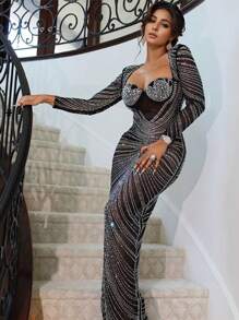 Women's Sheer Mesh Sparkling Rhinestone Sweetheart Neckline Scoop Back Slim Extra Long Dress Wedding Birthday Party Formal Dinner