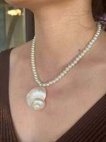 全新原创简约仿珍珠海螺吊坠项链，适合女士个性化百搭海洋风格海滩派对珠宝