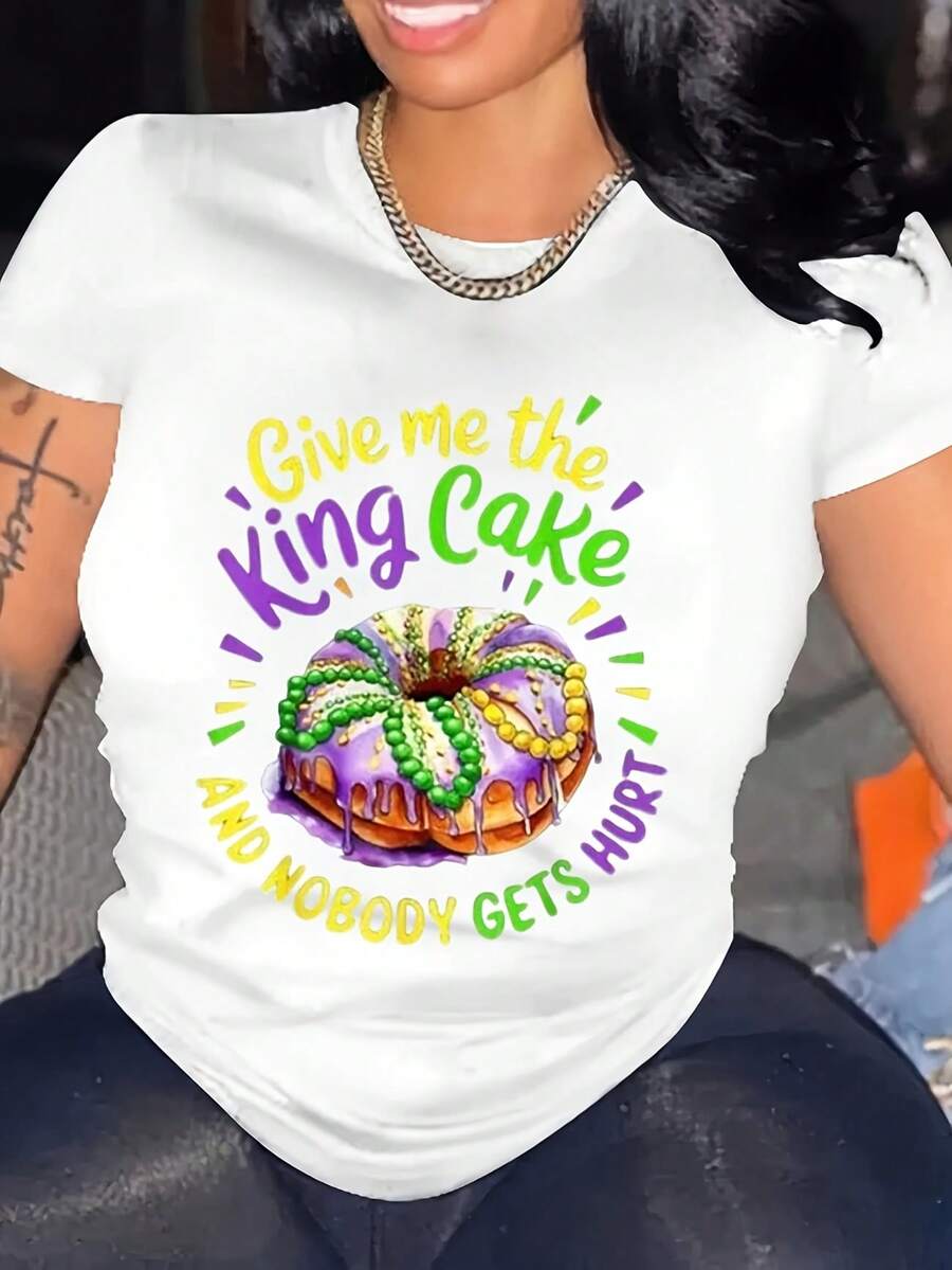 Give Me The King Cake Mardi Gras - Women's Large T-Shirt Short Sleeve Loose Crewneck Graphic Tees Printed Fashion Casual Summer Tops-1-1 - 白色 - 查看 1