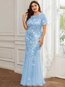 Plus Size Elegant Party Sequin Embroidered Mesh Mermaid Dress - Blue - View 3