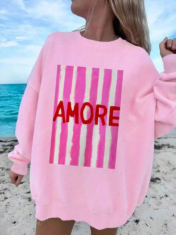 Striped "AMORE" Versatile Vacation Sweatshirt, Women's Drop Shoulder High-Quality Crew Neck Long Sleeve Casual Hoodie