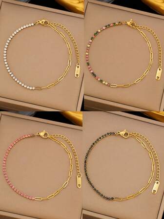 1pc Casual Ins 2025 New 18K Gold Stainless Steel High Protection Colorful Crystal Chain Bracelet, Suitable For Women's Daily Wear, Versatile, Waterproof Jewelry Accessory, Valentine's Day Gift (Excluding Gift Box)