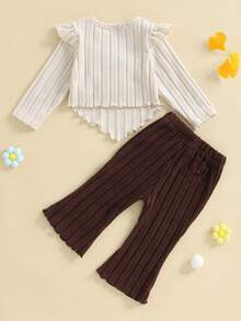 Toddler Girl Fall Outfits Crochet Flower Long Sleeve Round Neck Pullover + Elastic Waist Ribbed Flare Pants 2 Pcs Set