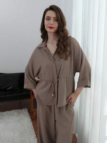 HH 女士裤子套装纯色七分袖翻领抽绳设计休闲宽松上衣+松紧腰阔腿长裤