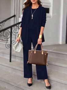 3pcs Set Including Women Casual Solid Color Jacket, Round Neck Sleeveless Top, Elastic Waist Drape Pocket Straight Pants, Commuting Set, Spring/Autumn/Winter