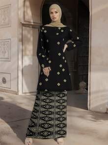 Baju Pahang 女士优雅立领印花长袖两件套，适合日常和假日穿着 - 黑色 - 查看 2