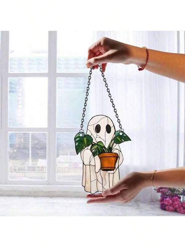 1 pieza Atrapasol de fantasma - Decoración colgante de ventana de acrílico teñido, fantasma lindo con adorno de planta, atrapasol gótico, decoración espeluznante para el hogar, decoración de ventana de Halloween, estética de casa encantada, adecuado para el hogar, dormitorio, sala de estar, decoración de pared