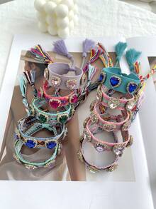 1pc Valentine's Day Y2K Creative Fashion Romantic Bohemian Chic Hip Hop Style Alloy Rhinestone Heart Woven Tassel Bracelet, Suitable For Valentine's Day, Daily Dates, Parties, Holidays, Summer Vacations, Adjustable Size, Red Accessory - Braided Tassel Bracelet - View 4