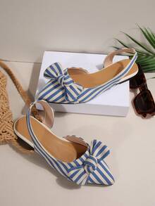 Blue & White Pointed Toe Flat Shoes With Bowknot Design, Hollow-Out Loafers, Elegant Casual Slip-On Flats For Women, Fall, Spring/Autumn