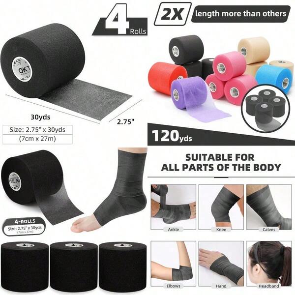 SDONG Pre Wrap Tape 4Rolls 120 Yards Athletic Foam Underwrap For Sports Protect For Ankles Wrists Hands And Knees 2.75 Inches Black