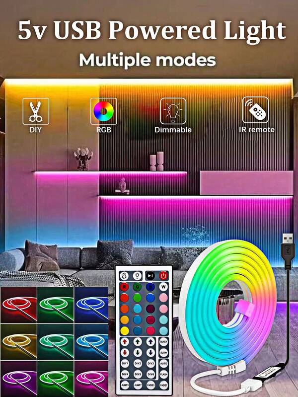 Fita de LED neon RGB com controle remoto, alimentada por USB, iluminação multicolorida para jogos e decoração de quarto, luzes neon flexíveis de 5 V, luzes neon reguláveis para quarto, ideal para Páscoa, iluminação para ambientes de festa e decoração de fim de ano, decoração de fim de ano | Luzes neon flexíveis