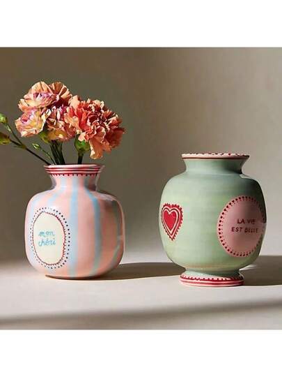 1pc painted Asymmetrical Ceramic Flower Vase, Roze Groen Heart Pattern Home Accessory Room Glass Vase