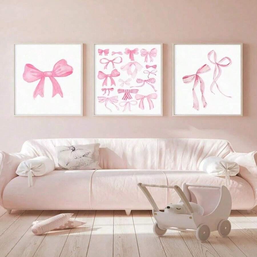 3 Pieces Pink Bow Canvas Poster Print, Aesthetic Nordic Wall Art, Girl's Bedroom Decor, Apartment And Nursery Wall Decor, Birthday Gift Unframed - 白色 - 查看 1