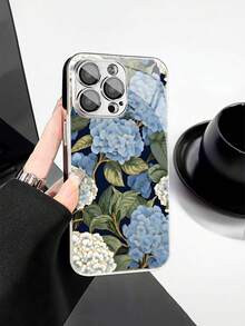 1pc Fashionable Hydrangea Pattern Tempered Glass Material With Built-In Lens Film Electroplated Anti-Fall Scratch-Resistant Anti-Fingerprint TPU Full Edge Soft Phone Case Compatible With Apple Models - Multicolor - View 1