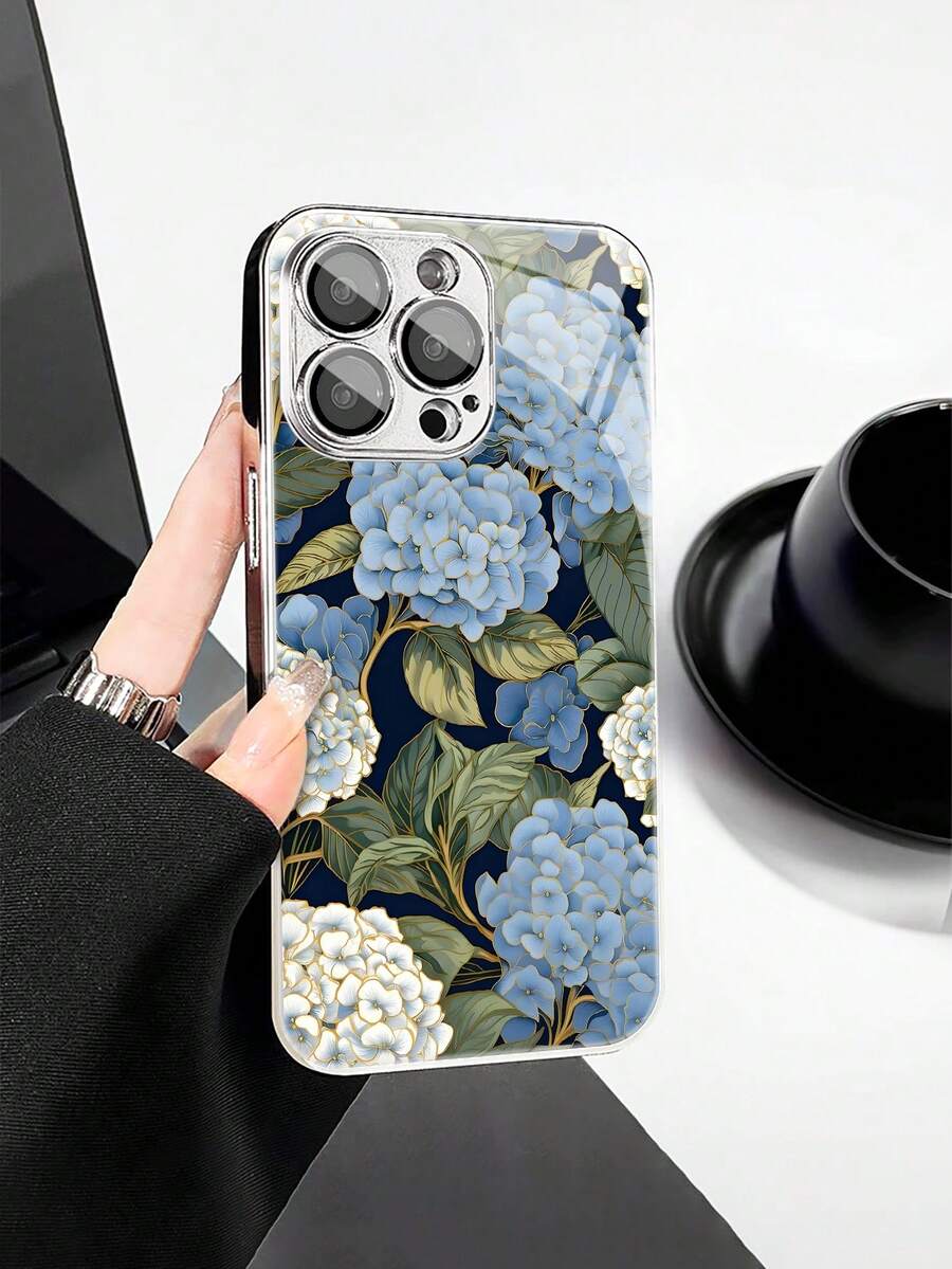1pc Fashionable Hydrangea Pattern Tempered Glass Material With Built-In Lens Film Electroplated Anti-Fall Scratch-Resistant Anti-Fingerprint TPU Full Edge Soft Phone Case Compatible With Apple Models - Multicolor - View 1
