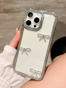 Bow-Knot 1pc Fashionable New Luxury Transparent Frame Rhinestone Bow Creative Shockproof Phone Case Cover Suitable For IPhone11/12/13/14/15/16/PRO Smartphones - Silver - View 2