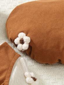 4pcs Girls Autumn Maillard Color New Cute 3D Flower Decor Long Sleeve Small Stand Collar Apricot T-Shirt Top And Corduroy Button Full Front Opening V-Neck Sleeveless Vest Dress And Brown Hat And Belt Back To School - Brown - View 5