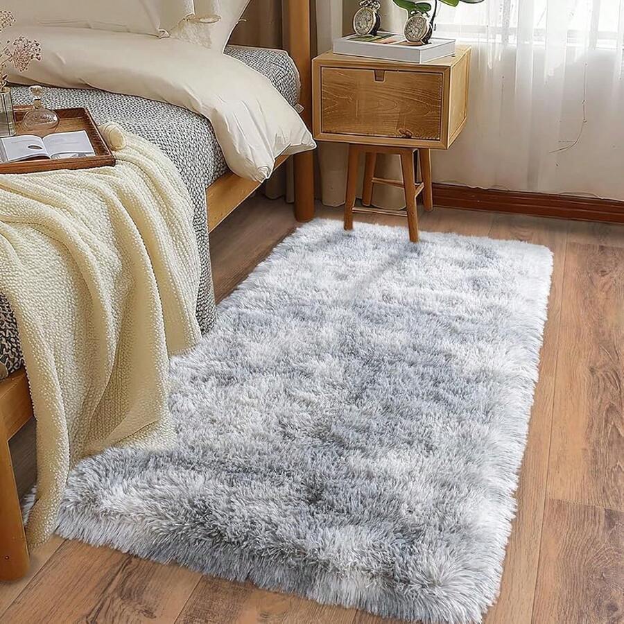 Soft Fluffy Shag Throw Area Rug, 2x4 Black, Non-Slip Bedroom, Hallways, Bedside, Dorm, Living Room - Long Shaggy Rug - 紮染灰色 - 查看 1