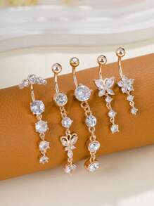 5pcs Stainless Steel Curved Barbell Navel Rings Set, Fashionable Classic Charm Women's Butterfly Heart Zirconia Inlaid Pendant Belly Button Piercing Jewelry, Suitable For Daily Wear And Holiday Gifts - Butterfly Heart Shaped Five-pointed Star - View 6