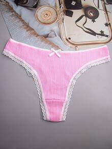 5pcs Women's Multicolor Ribbed High Elasticity Cute Bow Sexy Lace Trim Thong Panties - Multicolor - View 8