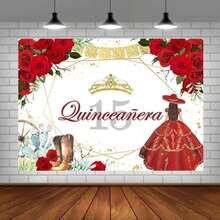 AIBIIN 7x5ft Quincea?Era 15th Western Cowgirl Birthday Backdrop Mis Quince 15th Anos Birthday Photography Background Red Floral Crown Mexican 15th Birthday Party Decorations Banner Photo Studio Props - 紅色 - 查看 3