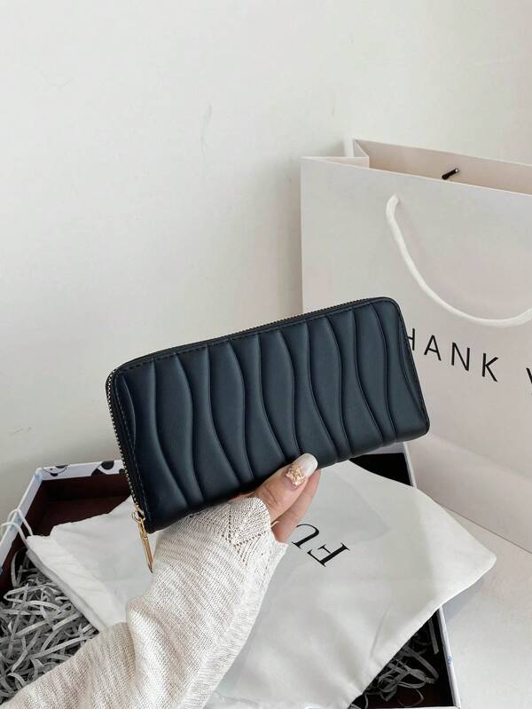 1pc Quilted Zipper Closure PU Solid Color Small Square Bag Women Wallet, Mother Bag Long Zipper Multi-Function Wallet Large Capacity Clutch Card Holder, Fashion Embossed Plaid, Suitable For Women Daily Use