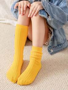 1 Pair Children's Colorful Mid-Calf Socks, Solid Color Vertical Striped Girls' Knee-High Socks, Fashion Versatile Candy Color Crew Socks, Suitable For 3-8 Years Old Boys And Girls - Multicolor - View 19