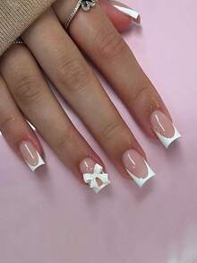 24pcs Short Square French Press-On Nails Set With White French Tip & Bow Design, Glossy Finish, Comes With 1pc Jelly Gel And 1pc Buffer, Suitable For Women Party, Wedding, Casual And Holiday Wear, Reusable - Hồng - Xem 2