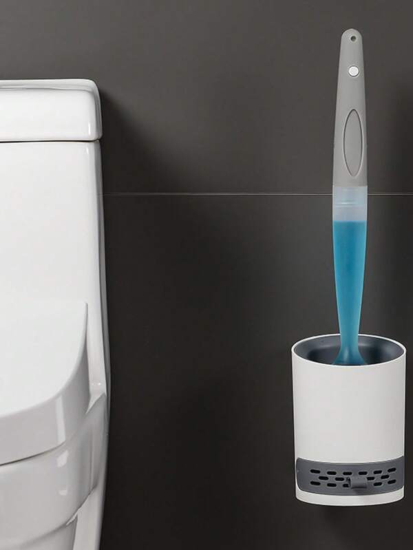 1 pieza Cepillo de inodoro de silicona con líquido - Cepillo de limpieza integral para inodoro - Cepillo de cerdas suaves con rociador para inodoro - Reutilizable, instalación montada en la pared o independiente, sin necesidad de perforar (baño del inodoro)