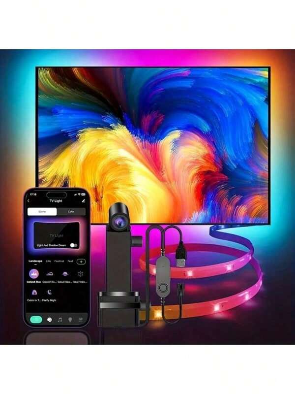 Tira de luz de fondo RGBIC para TV, el sensor de color AR recoge parte de los colores de la TV, 3.8 m (adecuado para 55-65 pulgadas) - 5 m (70-85 pulgadas) Tira de luz RGBIC, adecuada para computadoras, TVs y monitores de 55 a 85 pulgadas, compatible con sincronización de música a través de aplicación
