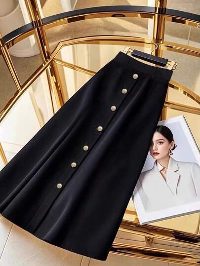 Chân váy chữ A một hàng khuy trơn màu dành cho nữ, thời trang khi đi làm