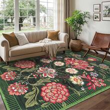 Plant Print Carpet Vintage Floral Carpet Anti-Fouling Anti-Slip Low Pile Foldable Thin Carpet Vintage Decorative Carpet For Bedroom Dining Room Office Corridor - 綠色 - 查看 2