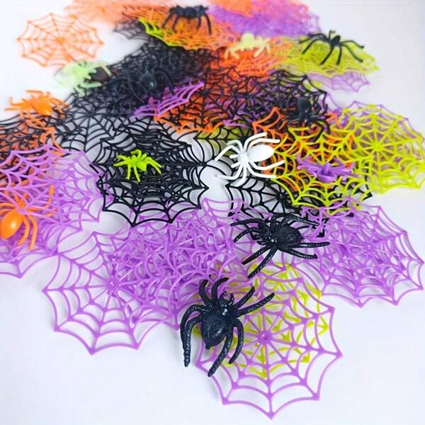 40 piezas Decoraciones de plástico de telaraña de colores, Decoraciones de broma de Halloween, Decoraciones para eventos y fiestas, Adornos de mesa, Decoración de colores mixtos