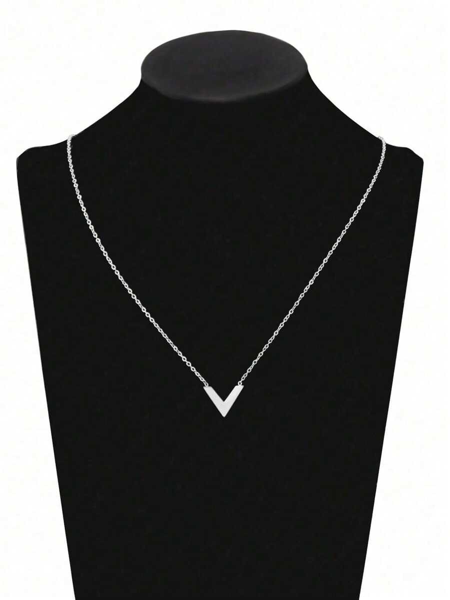 1pc Fashionable & Classic V Shaped Pendant Necklace, Suitable For Casual Everyday Wear - Silver - View 1