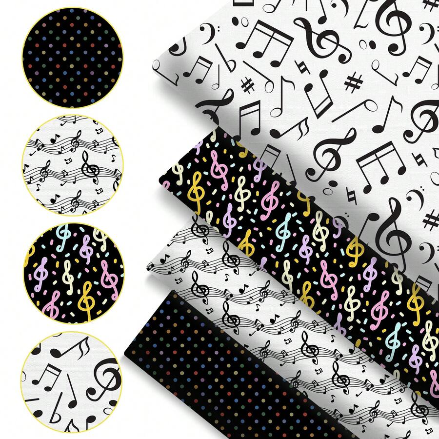 4pcs/Set 7.87x7.87inch(20x20cm) Quarter Yard Music Notes Series Precut Quilting Fabric Fat Quarter Fabric Bundle, Polyester Quilting Squares For Patchwork, DIY Crafts Projects, DIY Wallet Making - Multicolor - View 1