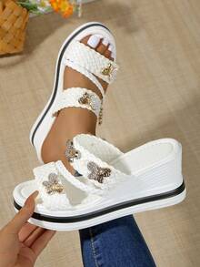 Sandalias de plataforma con suela gruesa para niña, sandalias de cuña impermeables, elegantes, para fiesta, minimalistas, de unicolor, de verano, de punta abierta