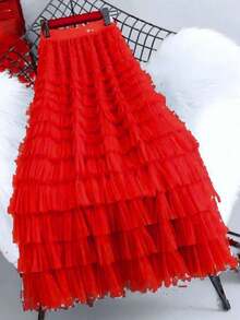 Saia feminina de cintura alta com várias camadas de tule e fada fofa - Vermelho - Visão 1