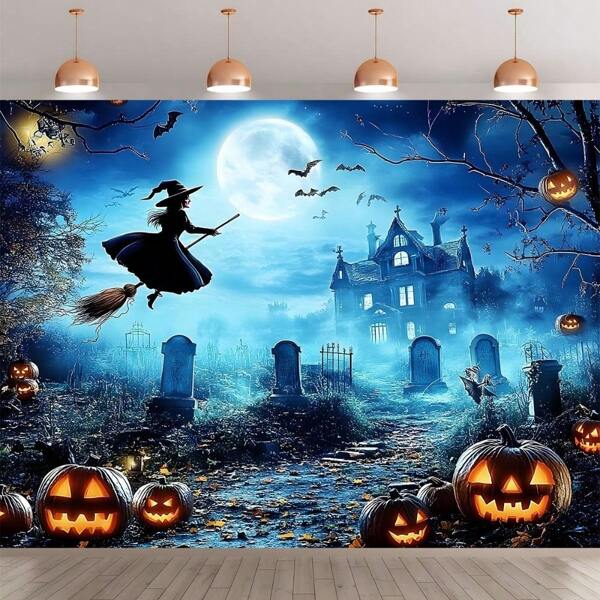 1 pièce Bannière de fond en polyester d'Halloween 2D, avec pleine lune, sorcière, fantôme et lanterne citrouille. Décoration murale polyvalente pour fête, conception d'accrochage facile, convient pour mariage, anniversaire, remise de diplôme et autres événements comme Noël, Pâques, Saint-Patrick, Saint-Valentin et Fête des Mères