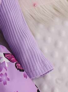 Baby Girl 2pcs Set Sweet Butterfly & Flower Print Ruffle Hem Long Sleeve Bodysuit Dress With Bow Hair Tie - Purple - View 7