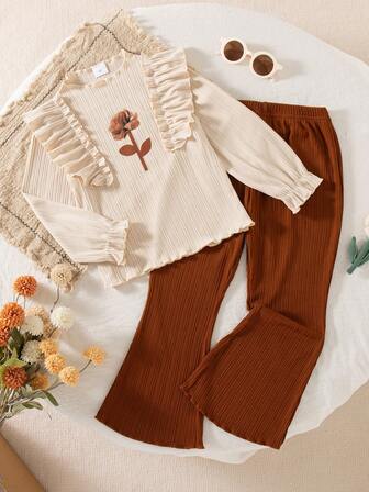 Set de 2 piezas de top de manga larga con cuello redondo y pantalones con estampado floral y volantes para niñas, para primavera/otoño