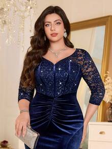 大码优雅甜心领亮片花卉蕾丝拼接立体花卉撞色天鹅绒褶皱美人鱼裙摆正式晚宴礼服，适合婚礼宾客、生日、毕业典礼、晚宴等场合。 - 藏蓝色 - 查看 9